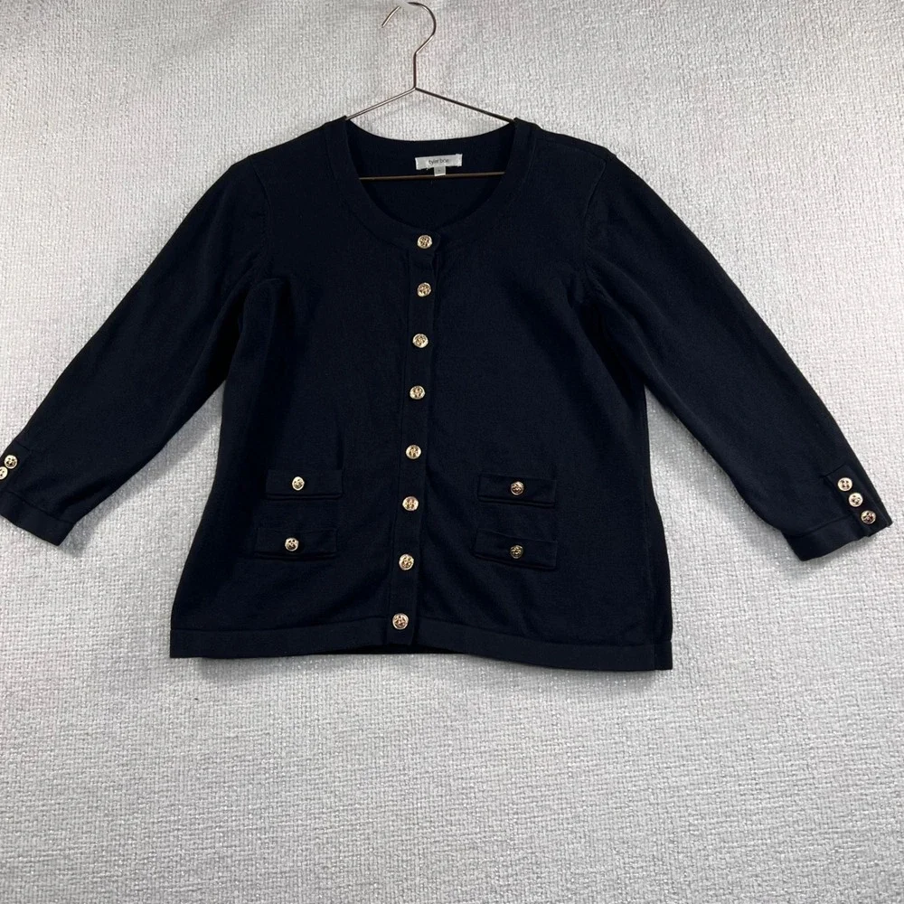 Tyler Boe Women's Black Cardigan Gold Button‎ Sweater Jacket Silk Blend Size L